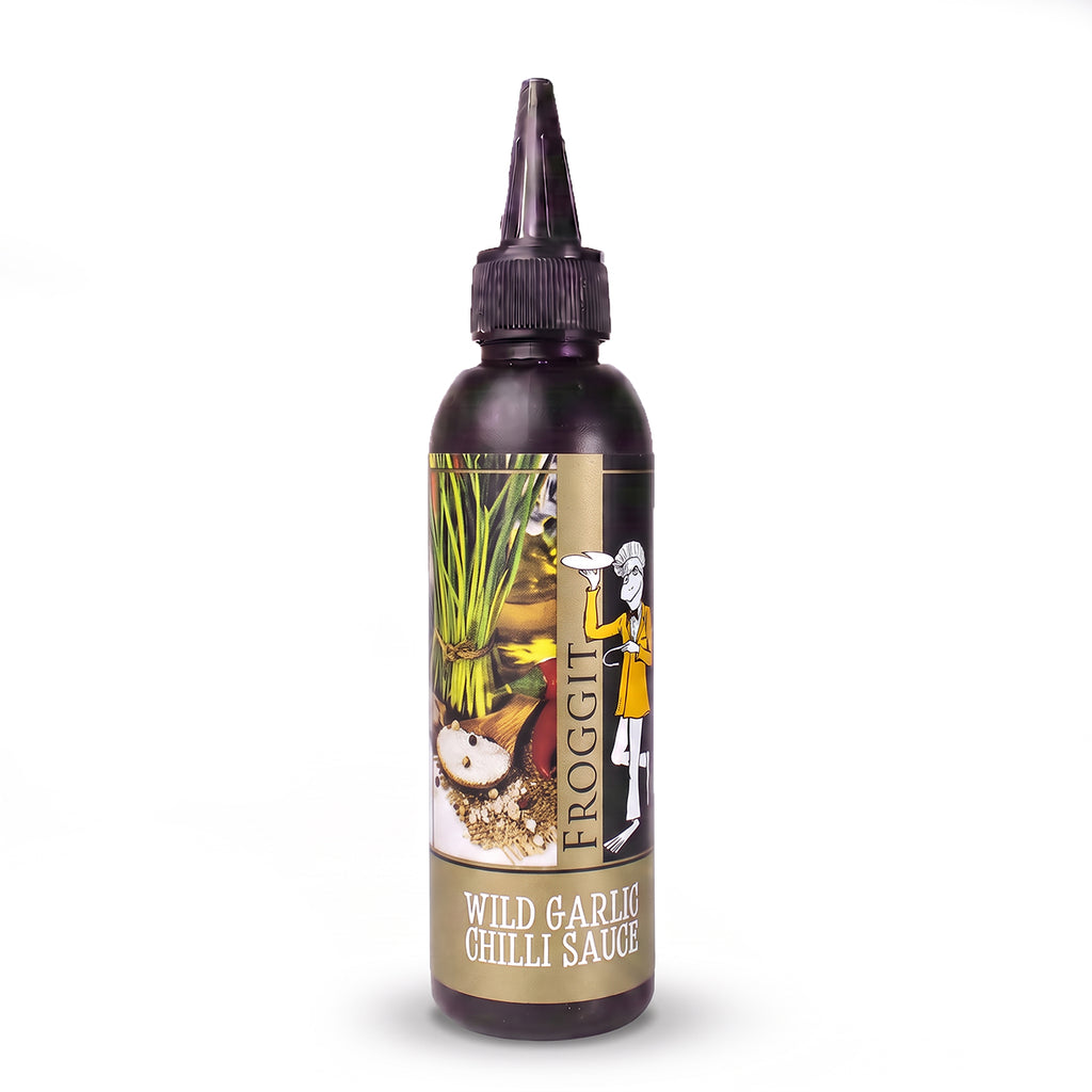 Dark squeeze bottle of Froggit wild garlic chilli sauce with pointed nozzle