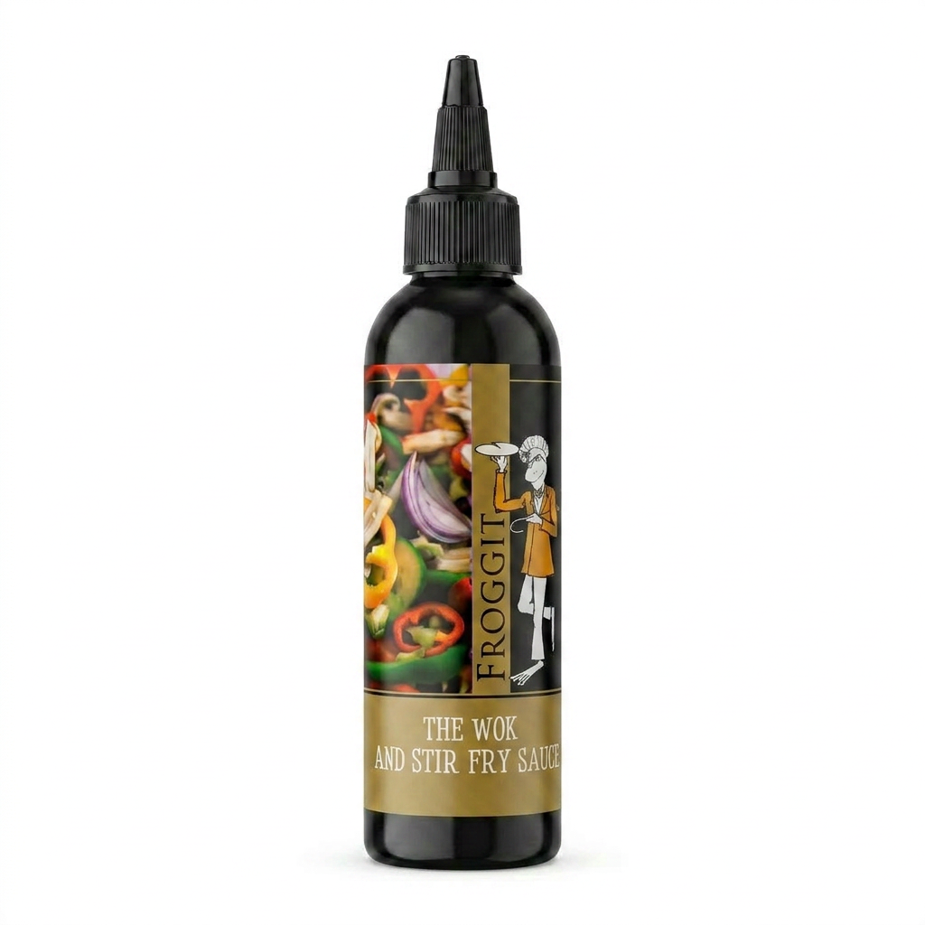 Froggit Wok and Stir Fry Sauce in a 150ml black squeeze bottle with pointed nozzle