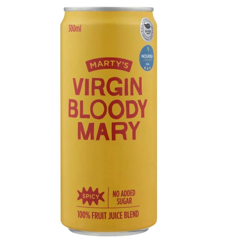 Yellow 300 ml can of Marty's Virgin Bloody Mary spicy fruit juice blend, front view